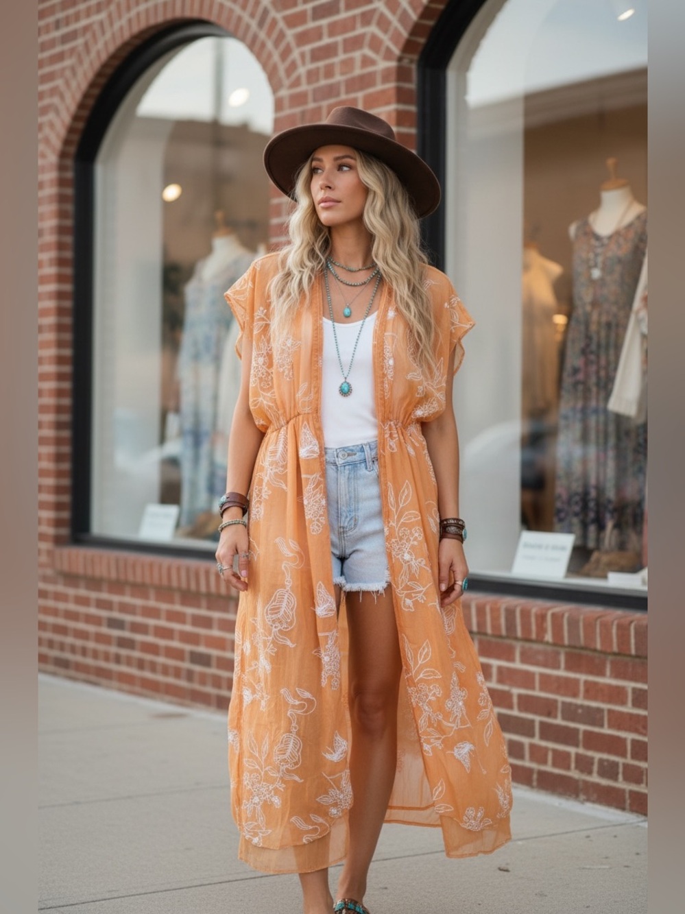 Aeom Orange Embroidered Sheer Kimono Duster Cover Up Floral Size L NWT